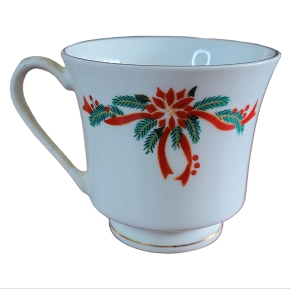 1 Vtg 90s Footed Cup Saucer Fairfield Fine China Poinsettia & Ribbons Gold Trim - Picture 4 of 8